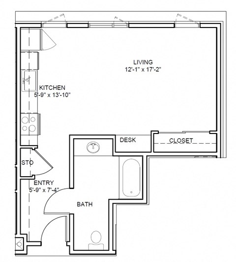 Floor plan for studio, 1 bath, 533 sqft